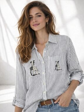 Mili Desique Giraffe Embroidered Stripe Button Down Shirt PM Crystal Artsy
